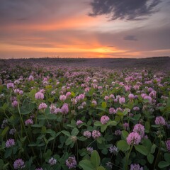 "A vast field of clover flowers under a vibrant sunset sky, with a fence stretching into the horizon."

