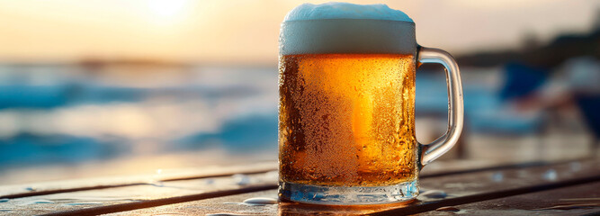 refreshing mug of beer in summer on the beach