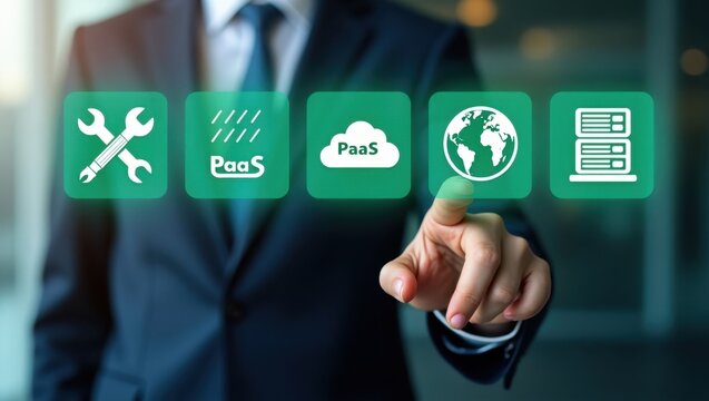 A hand pointing to icons representing cloud computing services.