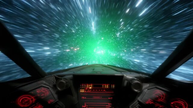 View from the cockpit of a spaceship moving through a wormhole, with star trails visible outside the window.