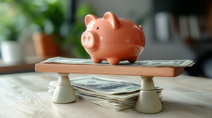 Pink piggy bank on a stack of money symbolizing savings and financial growth. Financial blogs, articles about savings and investments.