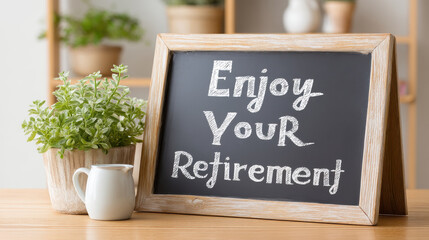 Enjoy your retirement with cozy party atmosphere shown by chalkboard sign and green plant on wooden table creating warm and inviting scene for celebration