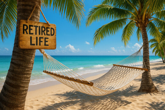 Peaceful retirement party scene with hammock tied between palm trees on sunny beach, inviting relaxation and enjoyment of retired life by ocean shore