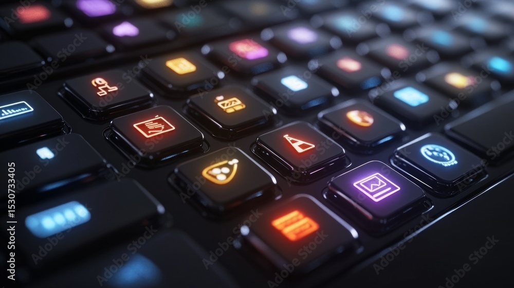 Wall mural bright backlit keys on a dark background, abstract background for tech and modern themes.