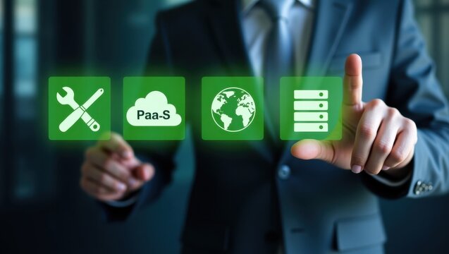 Person interacting with glowing green icons on a touch screen.