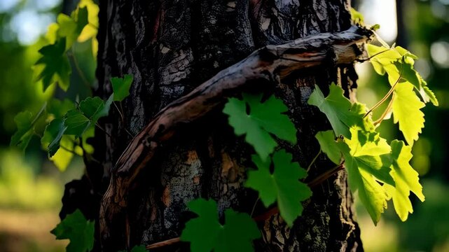 Close-up of tree bark illuminated by sunlight with green vine winding around the trunk in nature