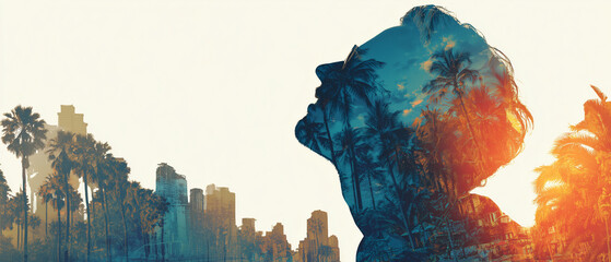profile of young, unrecognizable smiling holiday maker man in goggles looking up with hope & enthusiasm; tropical heaven scenery in her head; copy space
