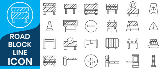 Road block and pedestrian barrier  thin linear outline icons set isolated on white background flat vector illustration.