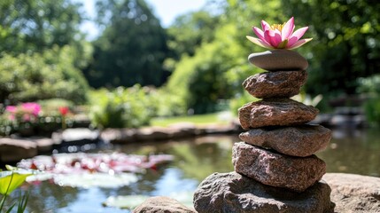 Stacked rocks with a pink flower atop a tranquil garden scene.