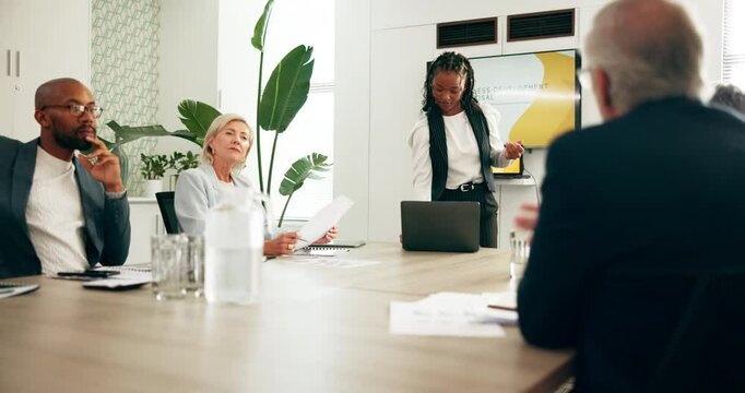 Presentation, client and meeting with business woman in office for proposal, teamwork and feedback. Discussion, speaker and project briefing with people for planning, collaboration and review