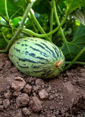 Unripe melon on a branch, unripe melon fruit growing in the garden