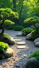 Serene zen garden scene; carefully raked gravel, smooth stones, and meticulously pruned foliage create a peaceful atmosphere ideal for mindful meditation , aesthetic, quiet