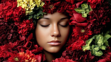 Woman with closed eyes surrounded by vibrant red and green flowers and leaves