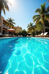 Sparkling blue swimming pool water, shimmering under the summer sun, inviting a refreshing dip Perfect for summer vacation, relaxation, and leisure Enjoy the idyllic scene , inviting, splash