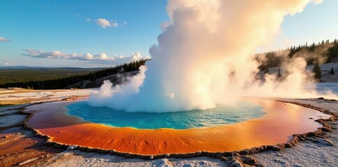 Spectacular eruption of Old Faithful geyser in Yellowstone National Park, hot water, steam, and mineral deposits A stunning display of geothermal power , wilderness, phenomenon, park