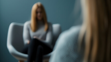 A blurred image showing a woman sitting on a chair, facing a mirror or reflective surface, creating a soft, introspective atmosphere.
