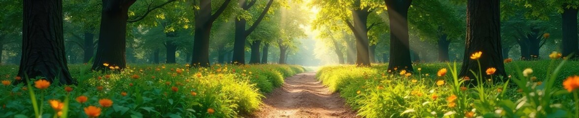 Sun-dappled forest path winding through lush green trees and vibrant wildflowers on a bright summer day Sunlight streams through the canopy, creating a magical atmosphere , forest, tranquility