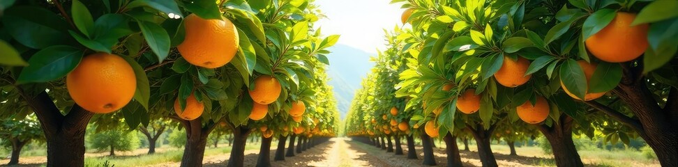 Sun-drenched grove of orange trees, vibrant citrus fruits hanging heavy on branches, lush green foliage, dappled sunlight filtering through leaves, peaceful idyllic scene , food, autumn, scenery