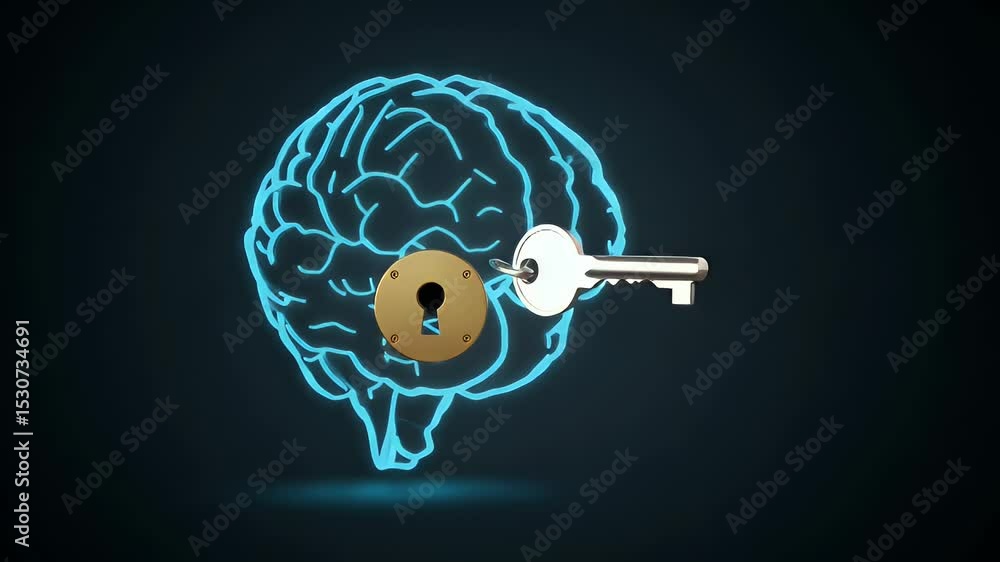Poster brain outline with lock and key, unlocking concept on a dark background
