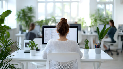 A woman works at a computer in a bright, modern office filled with green plants and natural light.