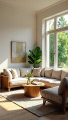 Sunlit living room with comfortable furniture, large windows offering natural light, and stylish decor Perfect for relaxation and family time , airy, armchair