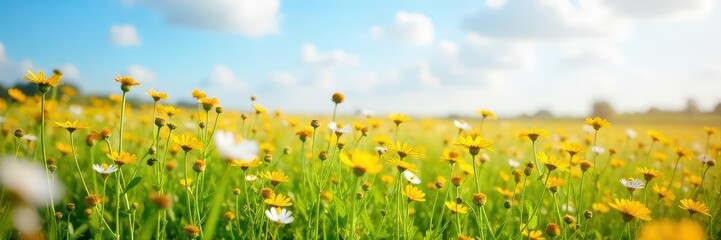 Vast, open field of wildflowers swaying gently in the breeze under a bright summer sky Perfect for nature documentaries, travel brochures, or calming backgrounds , flowers, high resolution