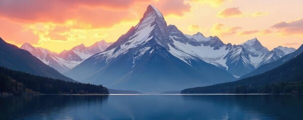 Vast, snow-capped mountain range rising majestically above a tranquil lake, bathed in the golden light of sunrise A breathtaking display of nature's raw power and beauty , outdoor, tranquil, sunrise
