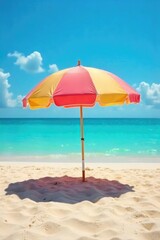 Vibrant beach umbrella providing shade on a sunny day, casting a shadow on the sand Perfect for summer vacation, relaxation, and seaside enjoyment , coast, canvas