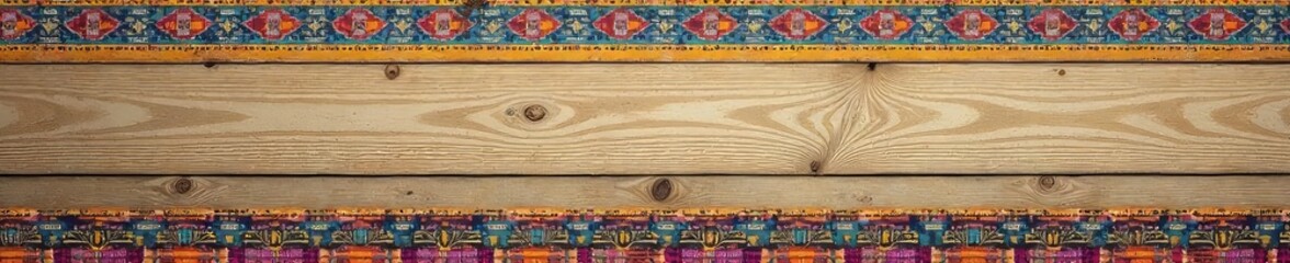 Vibrant patterned border decorates a rustic wooden wall, adding a pop of color and texture to the simple background Perfect for home decor, DIY, and craft projects , surface, modern, retro