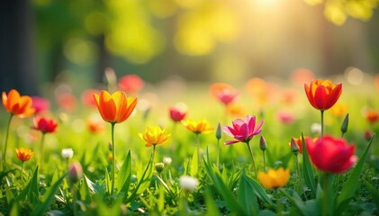 Vibrant spring flowers blooming in a lush green meadow bathed in warm sunlight, a quintessential springtime scene , spring bloom, green, fresh