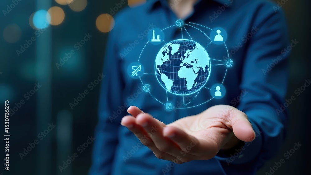 Aufkleber hologram of a global network displayed in a hand.