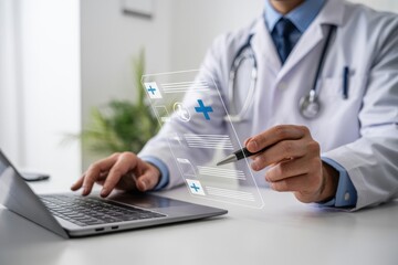 Doctor using a laptop and a holographic medical document.