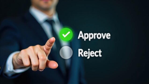 Businessperson selecting approve option on a digital interface.