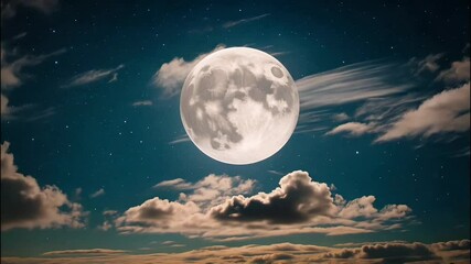 4K time-lapse of a super slow-motion shot capturing a single full moon glowing brilliantly in a starry night sky above drifting clouds. Suitable for marketing or business purposes - Powered by Adobe