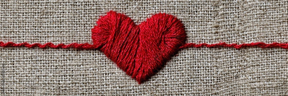 Poster red thread heart stitched on textured linen fabric showcases intricate craftsmanship