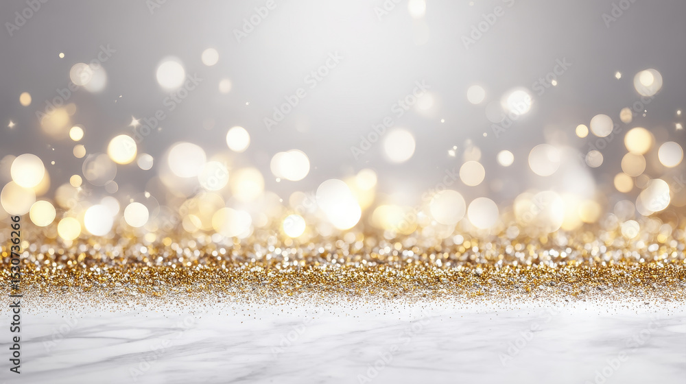 Poster golden glitter sparkle with bokeh light on marble surface creating festive atmosphere perfect for re