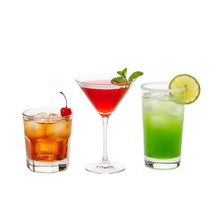 Three colorful cocktails with garnishes