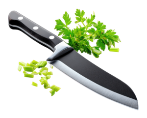 Sharp kitchen knife with black handle is placed next to fresh green celery leaves and chopped celery pieces, highlighting food preparation and cooking tools