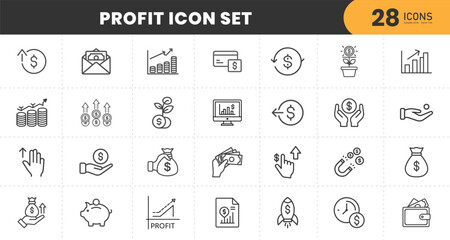  Financial profit set of web icons in line style. Money income linear icon collection. Containing money savings, finance, growth, investment, payment, earnings, management and more. Editable stroke
