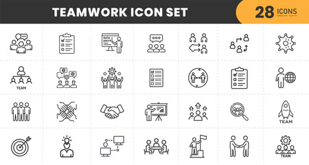 Teamwork icon set. Business team working together symbol. Co-worker, cooperation and collaboration icons. Solid icons vector collection.
