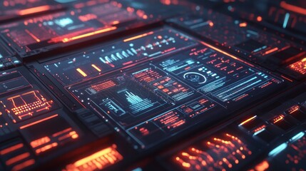 Obraz premium Futuristic interface with glowing displays and data streams.