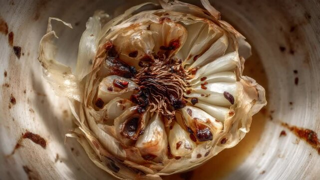 Roasted garlic bulb with caramelized cloves, showcasing golden brown color, savory aroma, and soft texture for culinary delight.