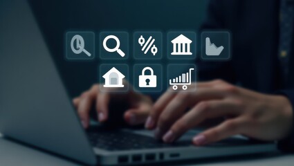 Hands typing on a laptop with financial icons overlaid.