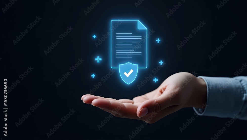 Poster a document icon with a security shield displayed in a hand.