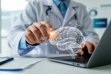 Doctor interacts with a holographic brain model.