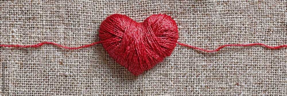 Poster red thread stitched into heart shape on textured linen creates a heartfelt expression of love and co
