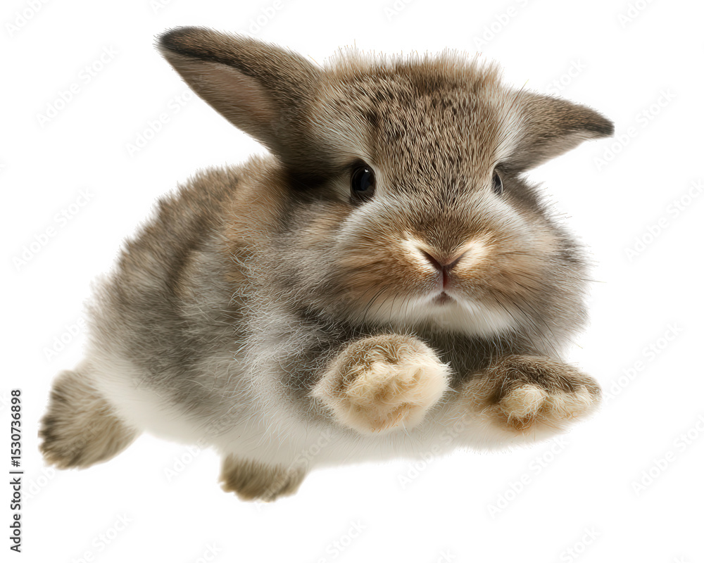 Poster fluffy brown rabbit with soft fur is captured mid jump, showing its paws and alert ears in lively an