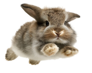 Obraz premium Fluffy brown rabbit with soft fur is captured mid jump, showing its paws and alert ears in lively and energetic pose isolated on transparency background