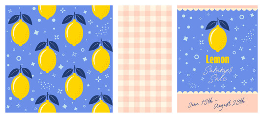 Set of Lemon themed designs, Fresh yellow Lemons with Leaves Seamless Vector Pattern and Gingham Pattern Background, Perfect for textiles, wallpapers, packaging, and summer design themes.