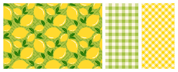 Set of Lemon themed designs, Fresh yellow Lemons with Leaves Seamless Vector Pattern and Gingham Pattern Background, Perfect for textiles, wallpapers, packaging, and summer design themes.